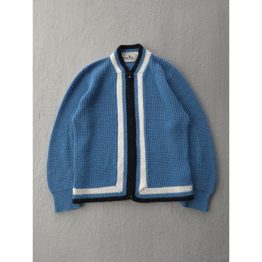 Vintage 1960s Prince Marc Blue Orlon Striped Acrylic Zip Cardigan Sweater S Knit